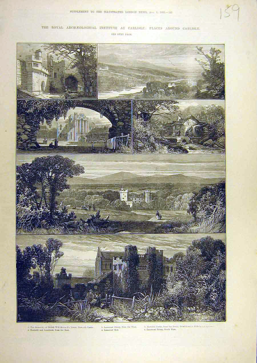 Original Old Antique Print 1882 Royal Archeological Carlisle Lanecrost Naworth