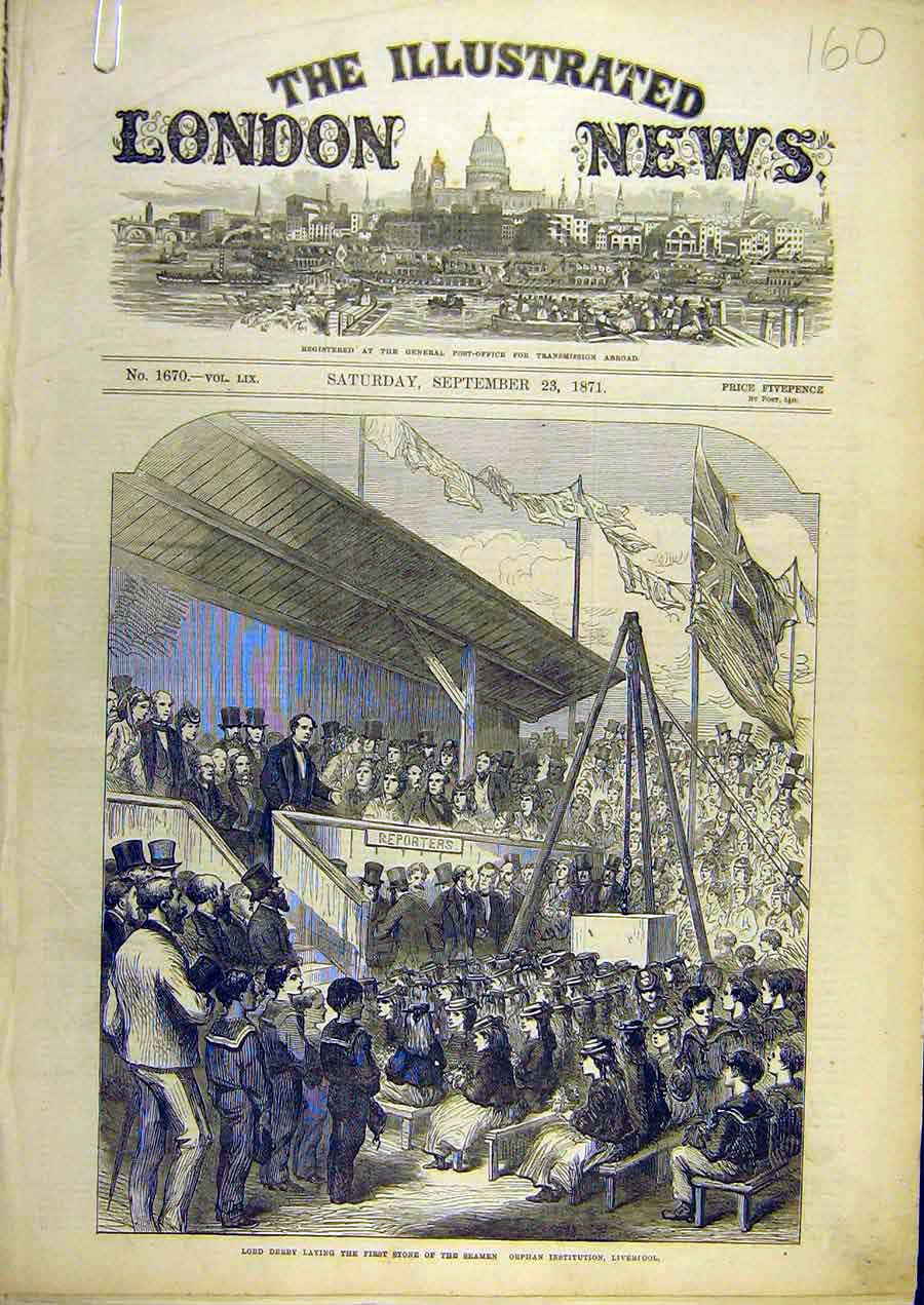 Old Antique Print 1871 Lord Derby Stone Seamen Orphan Institute Liverpool 19th