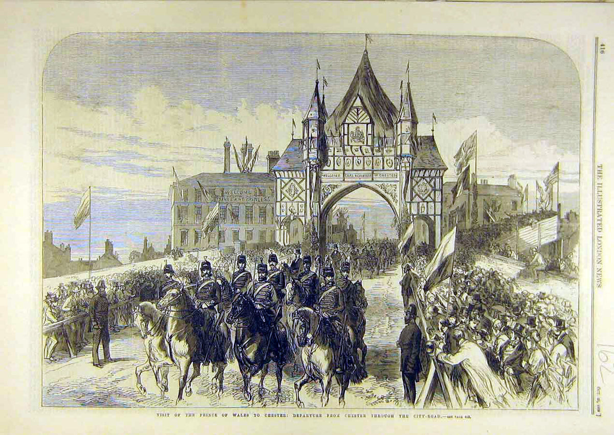 Original Old Antique Print 1869 Prince Wales Chester Visit Royal City-Road 19th