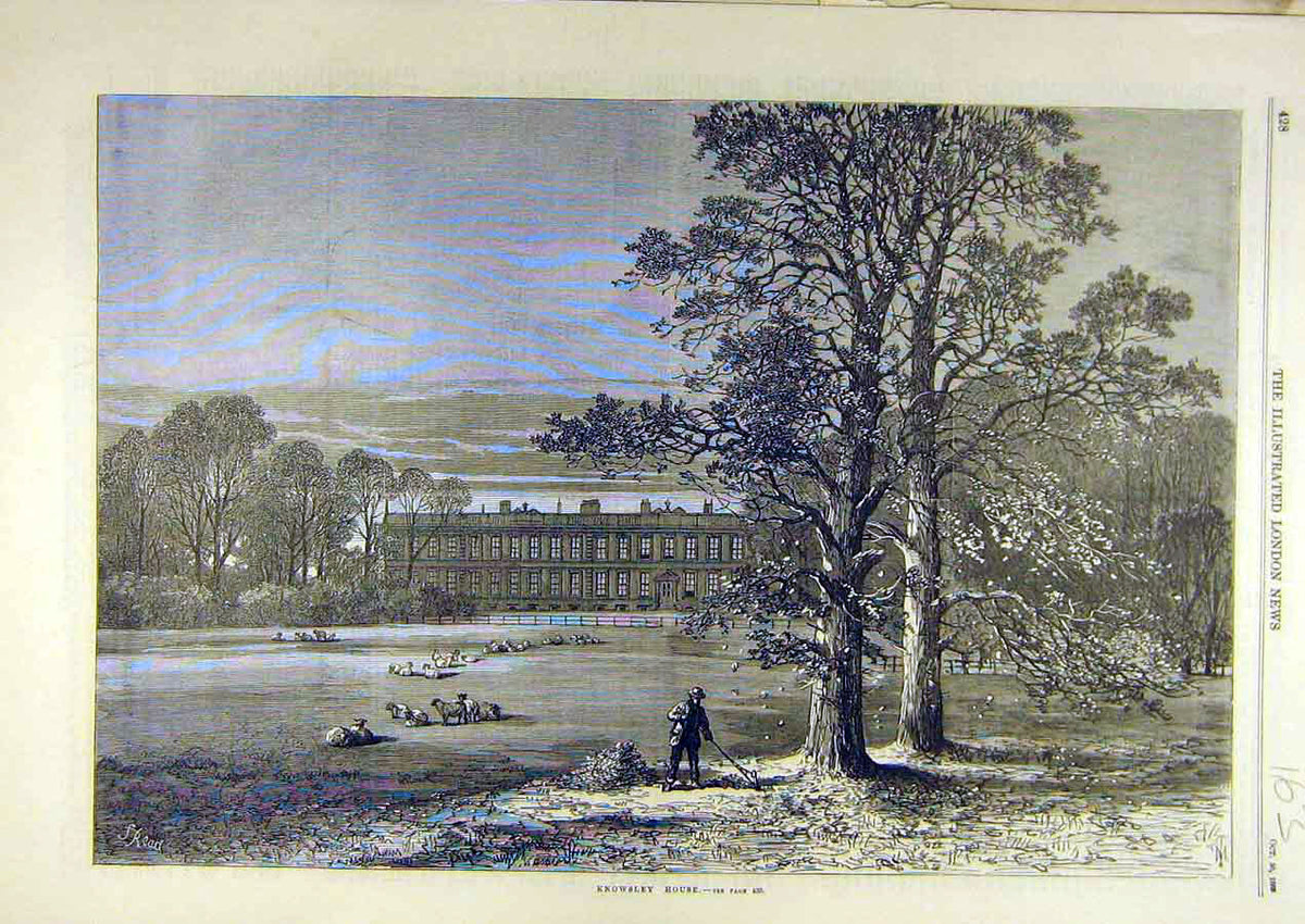 Original Old Antique Print 1869 Knowsley House Building Sketch Architecture 19th