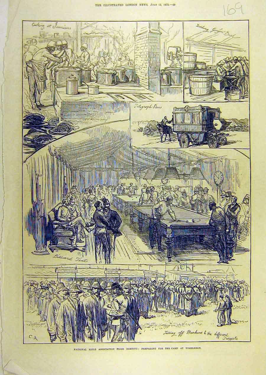 Original Old Antique Print 1873 Rifle Asscociation Wimbledon Meeting Sketches