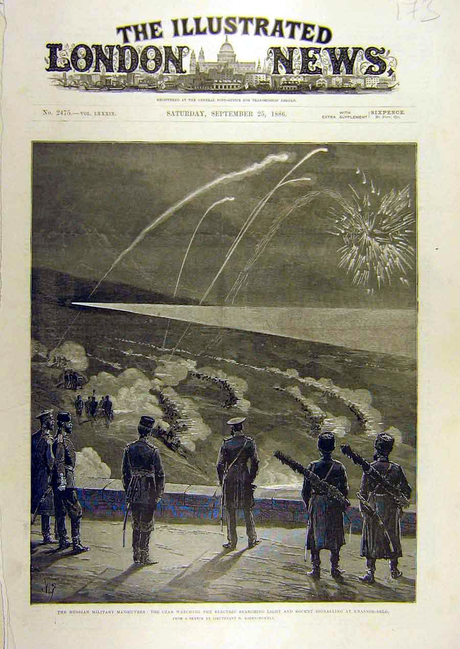 Original Old Antique Print 1886 Russian Military Electric-Light Rocket Krasnoe