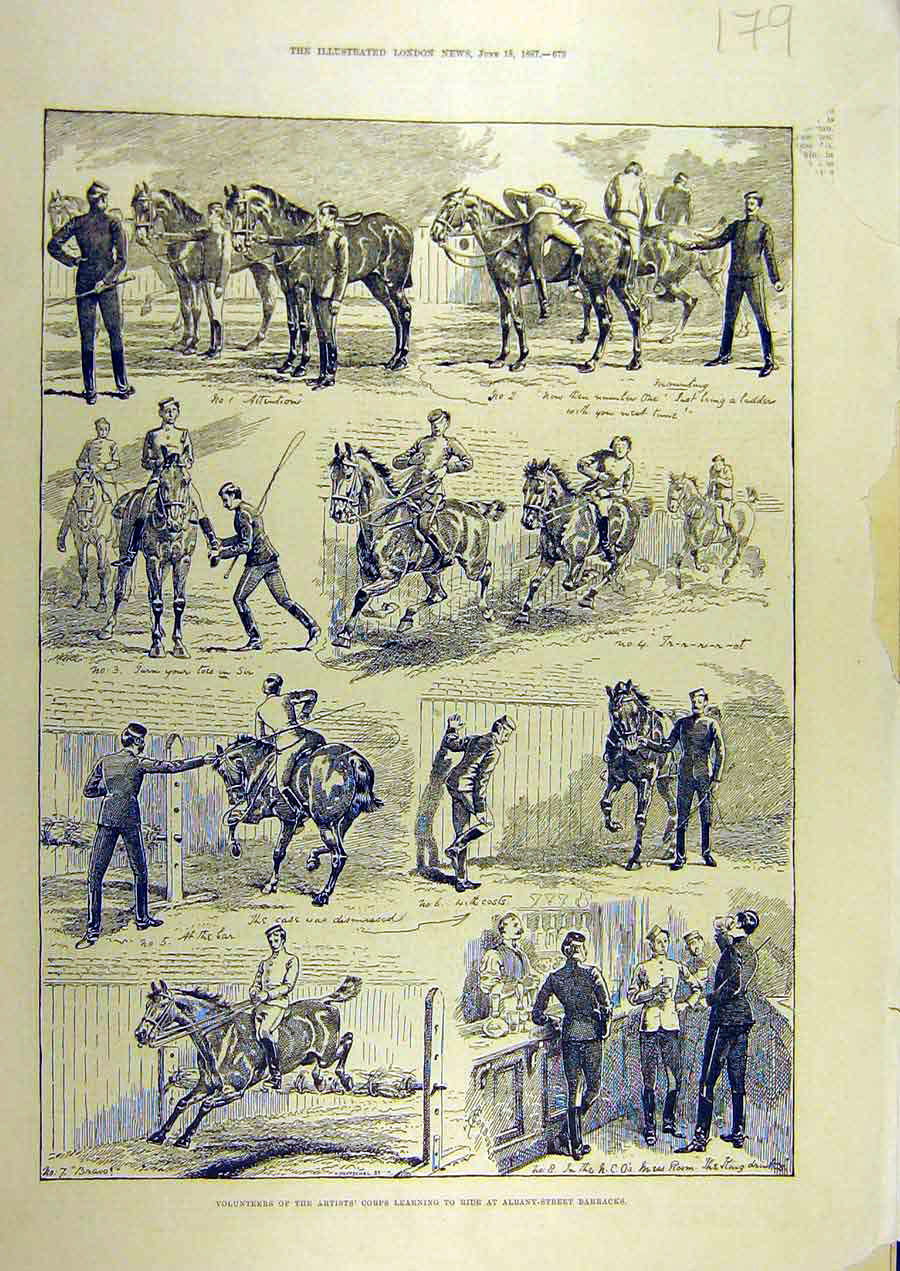 Original Old Antique Print 1887 Volunteers Artist'S Corps Riding Albany-Street