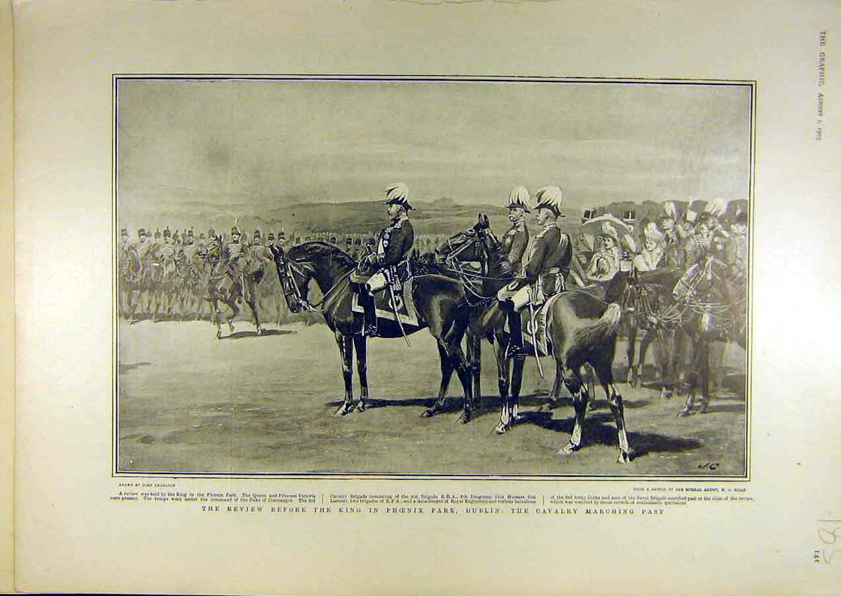 Original Old Antique Print 1903 Review King Phoenix Park Dublin Cavalry Military