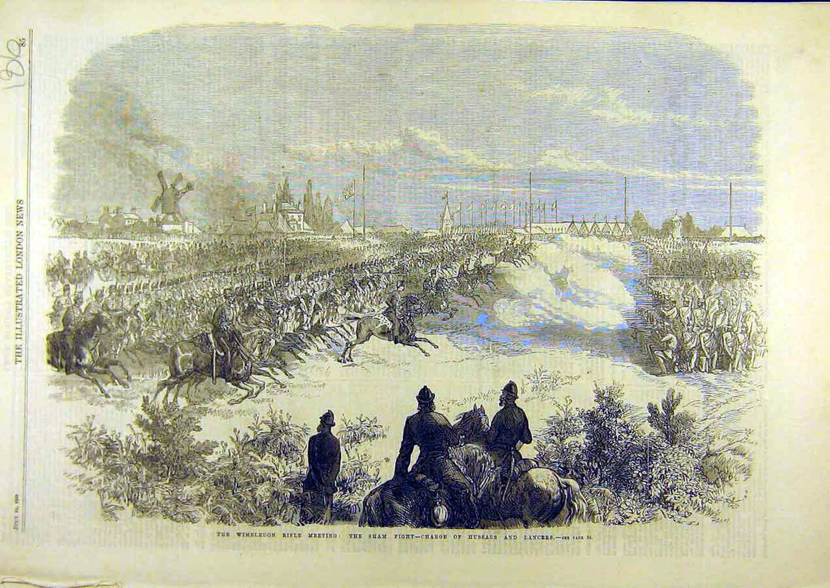 Old Antique Print 1869 Wimbledon Rifle Meeting Hussars Lancers Sham Fight 19th