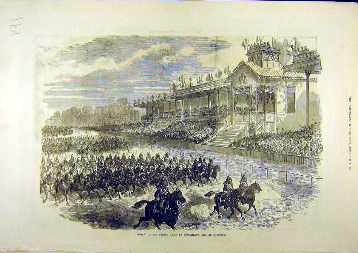 Original Old Antique Print 1871 Review French Army Longchamps Bois-De-Boulogne