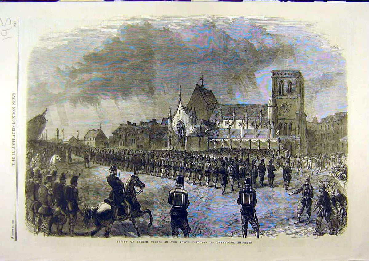 Original Old Antique Print 1865 Review French Troops Cherbourg Place-Napoleon