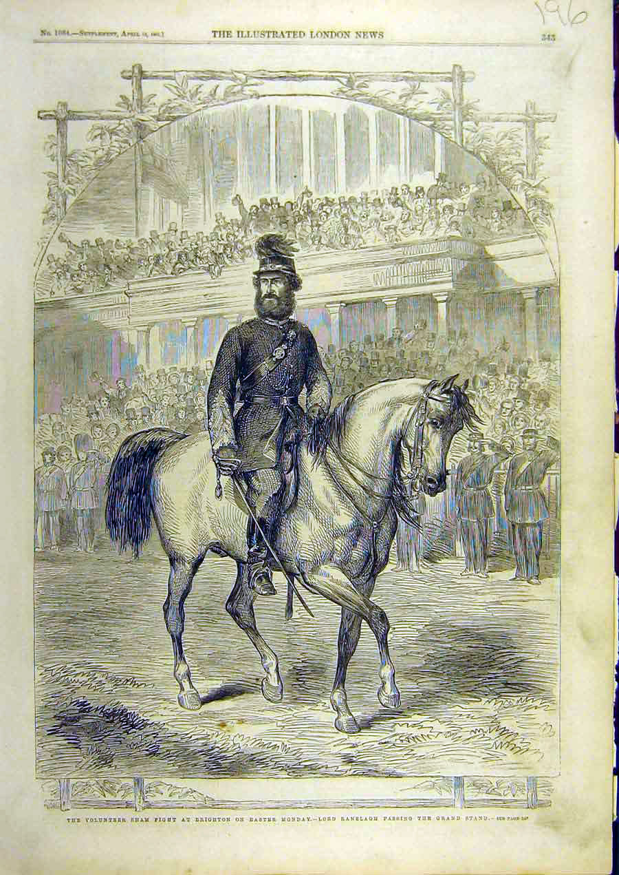 Original Old Antique Print 1861 Sham Fight Volunteer Ranelagh Brighton Military