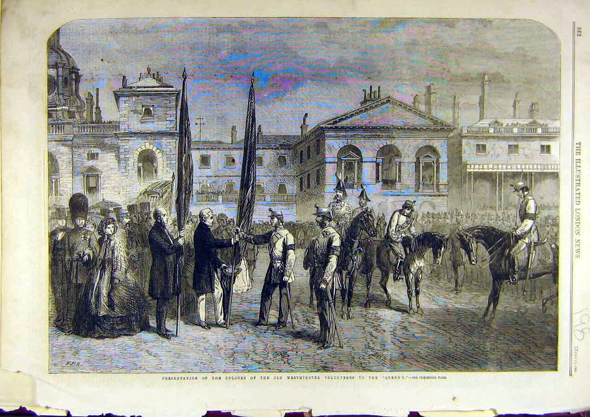 Original Old Antique Print 1861 Colours -Westminster Volunteers Queen'S 19th