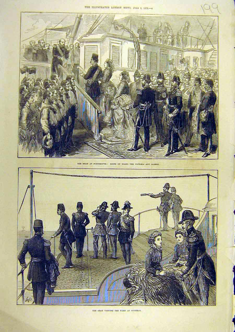 Original Old Antique Print 1873 Shah Portsmouth Victoria-Albert Fleet Spithead
