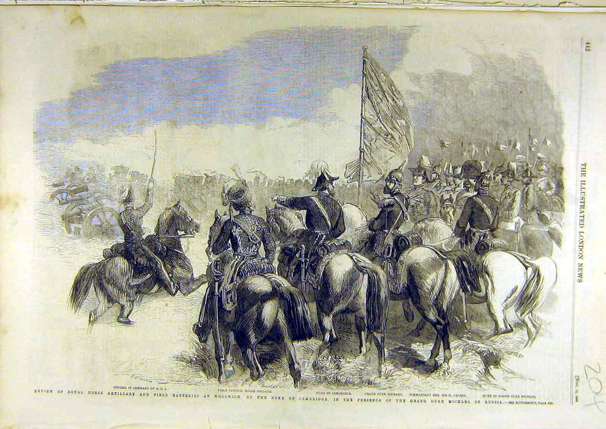 Original Old Antique Print 1860 Horse Artillery Field Battery Woolwich Review