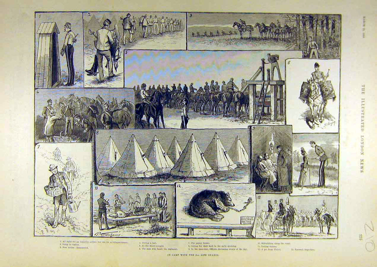 Original Old Antique Print 1889 Camp 2Nd Life Guards Infantry Sier Officer 19th