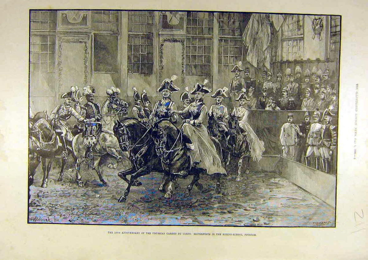 Original Old Antique Print 1890 Prussian Guardes-Du-Corps Reiterfeste Potsdam