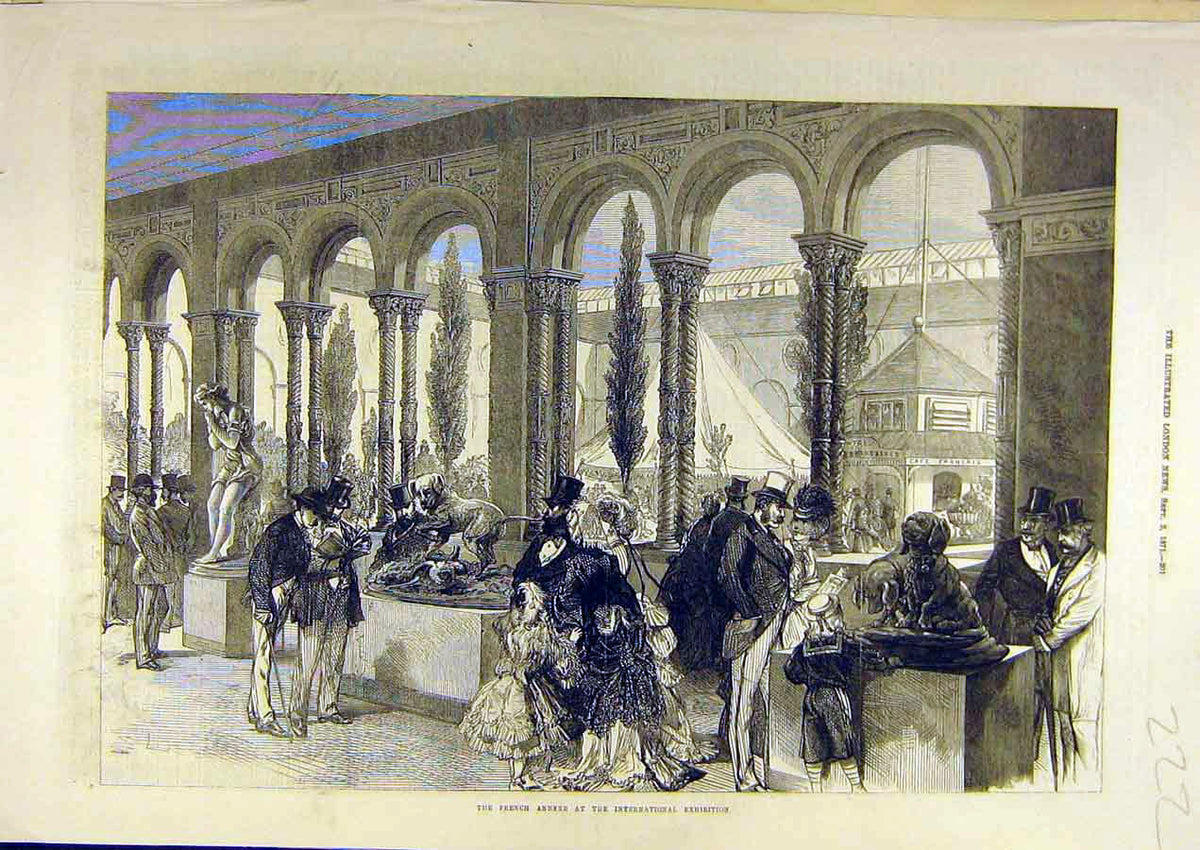 Original Old Antique Print 1871 French Annexe International Exhibition Exhibits