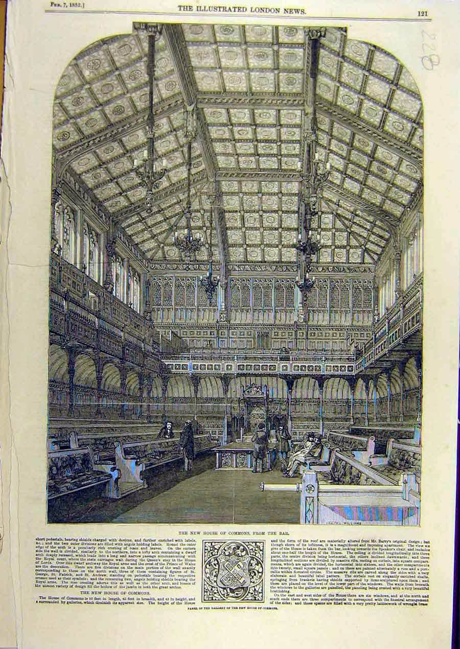 Old Antique Print 1852 House Commons Building Gallery Panel Architecture 19th