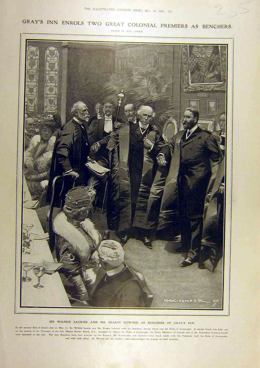 Original Old Antique Print 1907 Laurier Deakin Benchers Gray'S Inn Cowper 20th