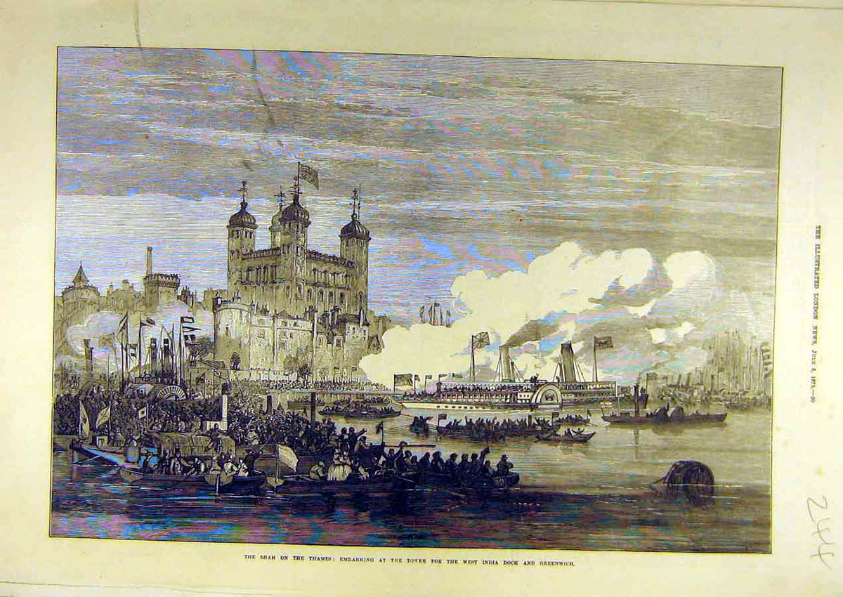 Old Antique Print 1873 Shah Thames Tower West India Docks Greenwich Visit 19th