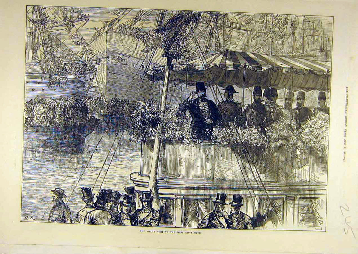 Old Antique Print 1873 Shah Visit West India Docks London Social History 19th