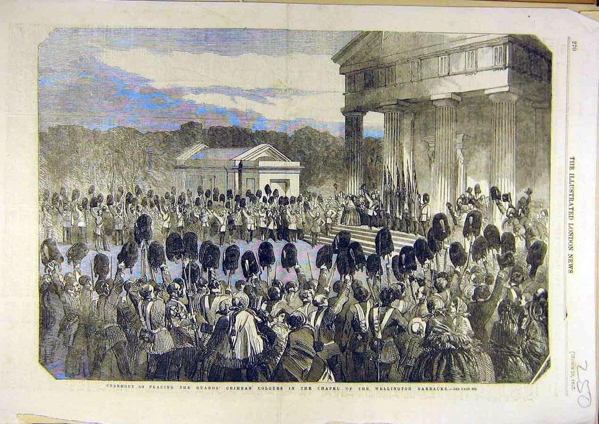 Old Antique Print 1857 Ceremony Guard Crimean Colours Wellington Barracks 19th