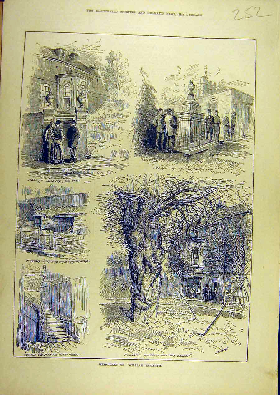 Original Old Antique Print 1880 William-Hogarth Memorial Mulberry Tomb Chiswick