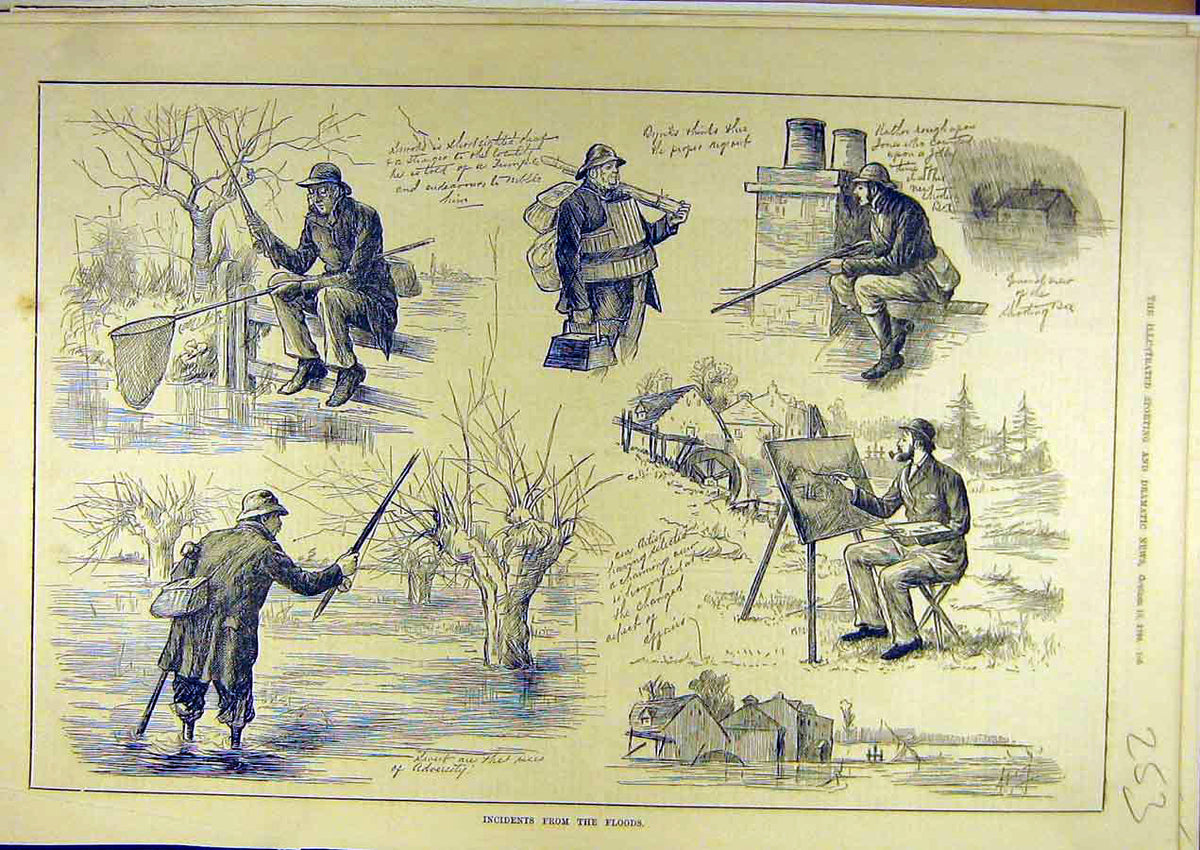 Original Old Antique Print 1880 Floods Sketches Fisherman Artist River Shooting