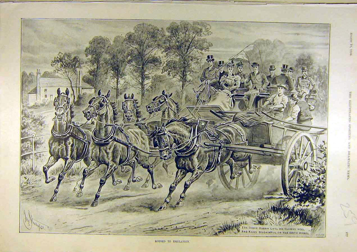 Original Old Antique Print 1894 Horse Carriage Roused Emulation Race Ladies Men