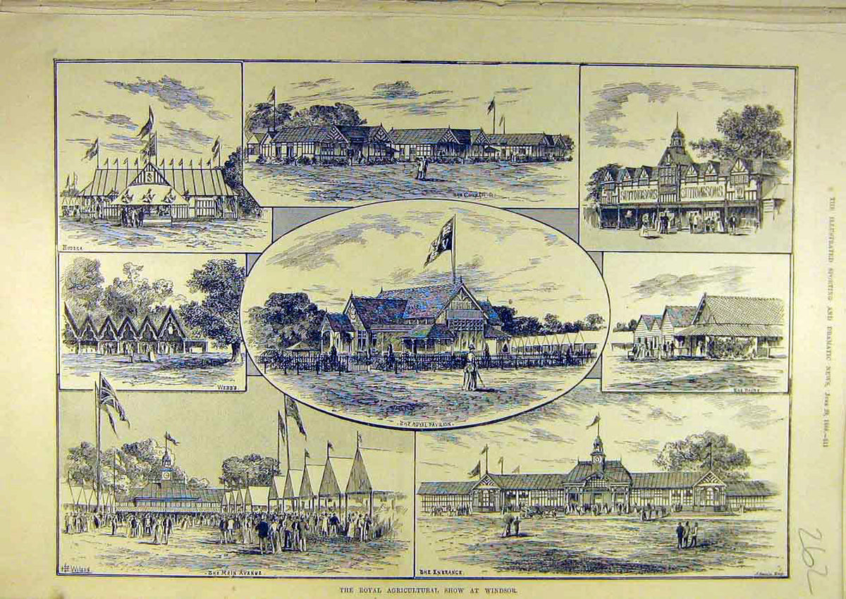 Old Antique Print 1889 Royal Agricultural Show Windsor Pavilion Sketches 19th