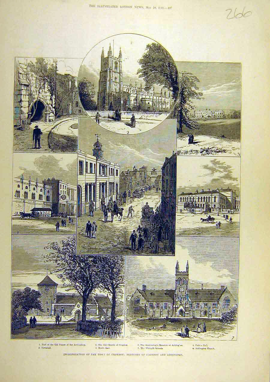 Original Old Antique Print 1883 Croydon Addington Sketches Buildings Church Hall