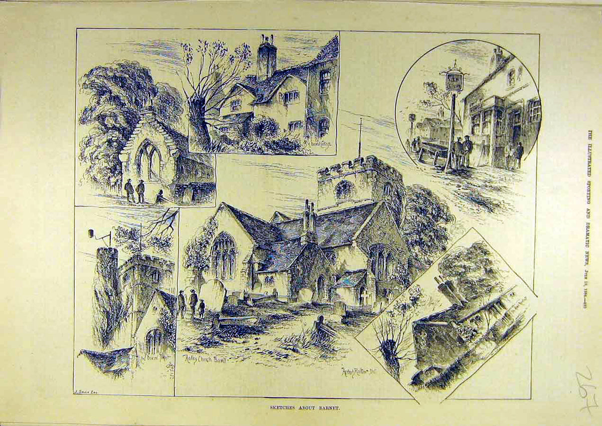 Original Old Antique Print 1884 Sketch Barnet Building Village Hadley Church