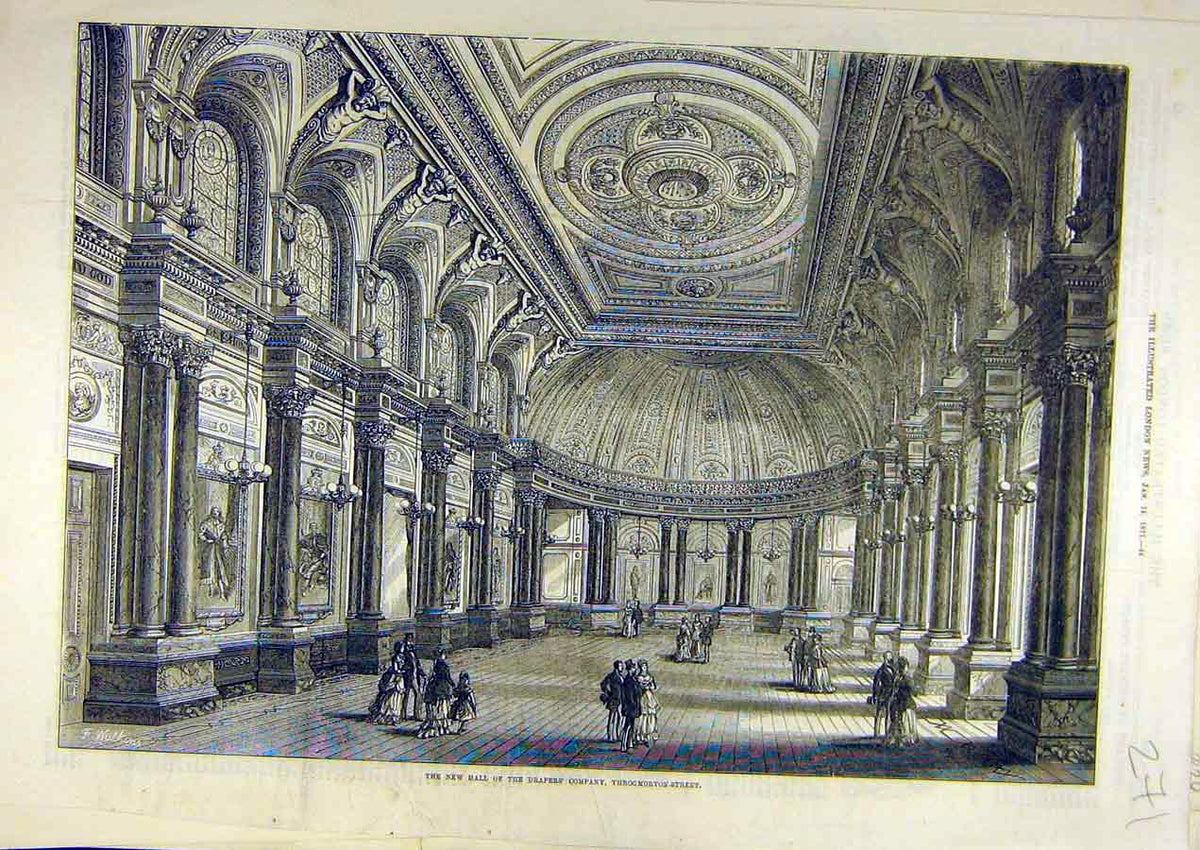 Original Old Antique Print 1871 Hall Drapers Company Throgmorton Street 19th