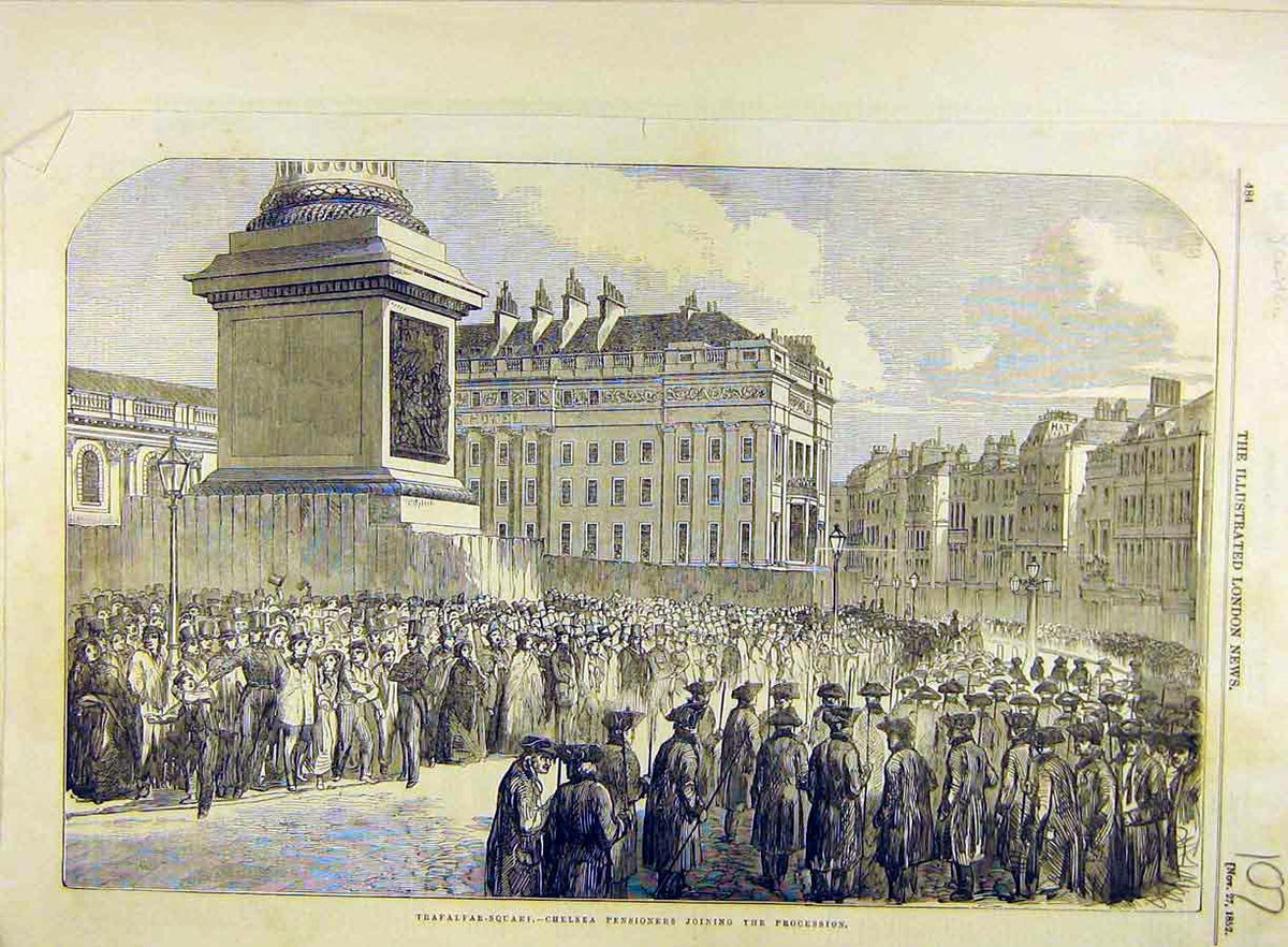 Original Old Antique Print 1852 Trafalgar Square Chelsea Pensioners Procession