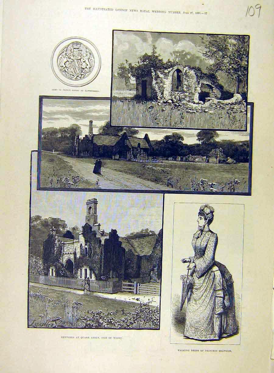 Old Antique Print 1885 Sketches Quarr Abbey Isle-Wight Princess Beatrice 19th