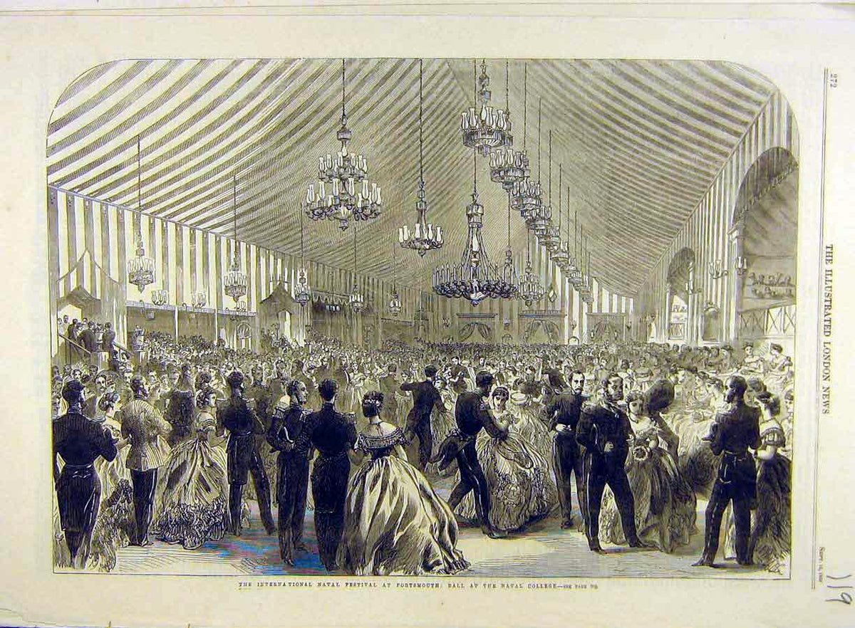 Original Old Antique Print 1865 Naval Festival Portsmouth Ball College People