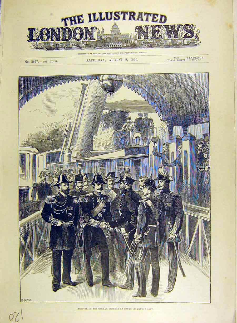 Original Old Antique Print 1890 German Emperor Cowes Military Naval Victorian