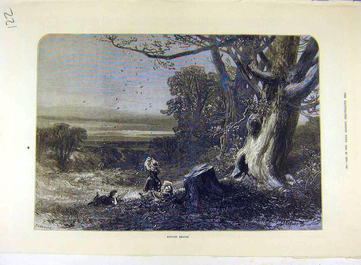 Original Old Antique Print 1873 Autumn Leaves Children Forest Woods Fine Art