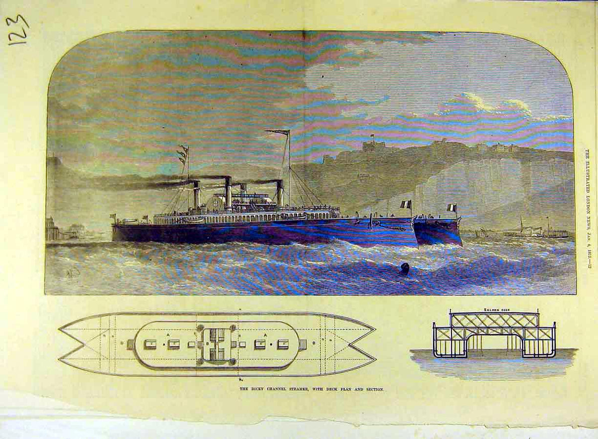 Original Old Antique Print 1873 Dicey Channel Steamer Deck-Plan Section Sketch
