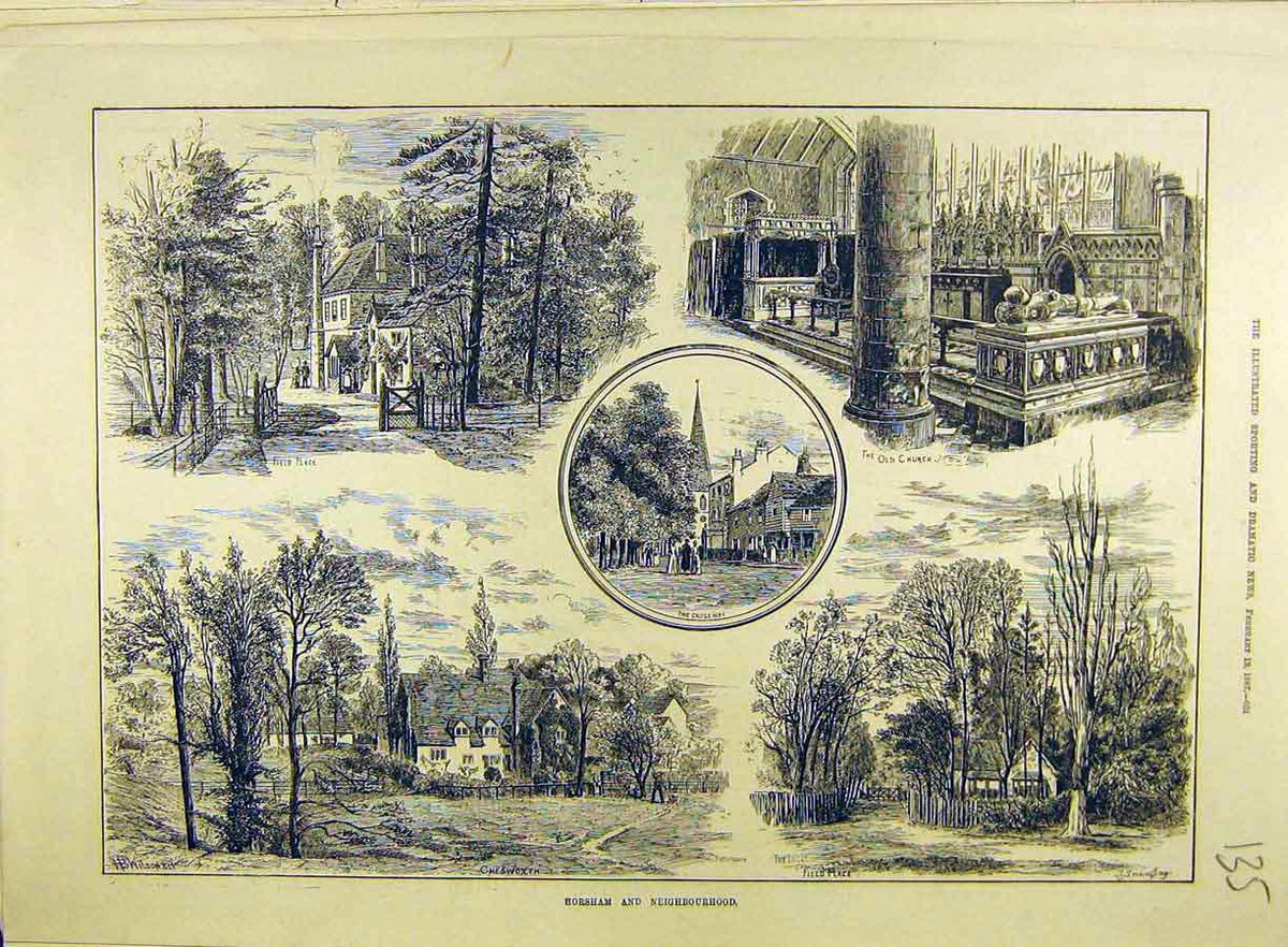 Old Antique Print 1887 Horsham Sketches Landscape Views Church Chesworth 19th