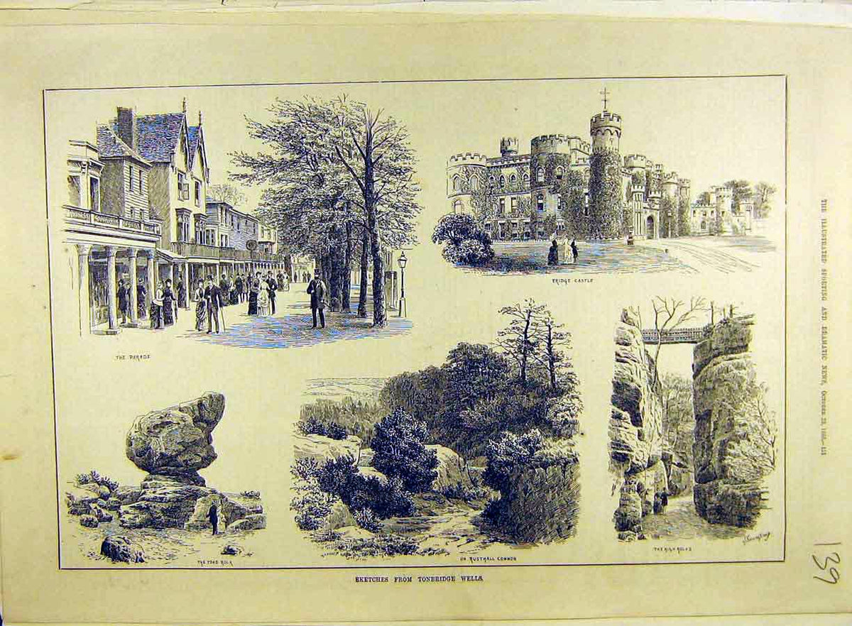 Original Old Antique Print 1886 Sketches Tonbridge-Wells Landscape Bridge-Castle