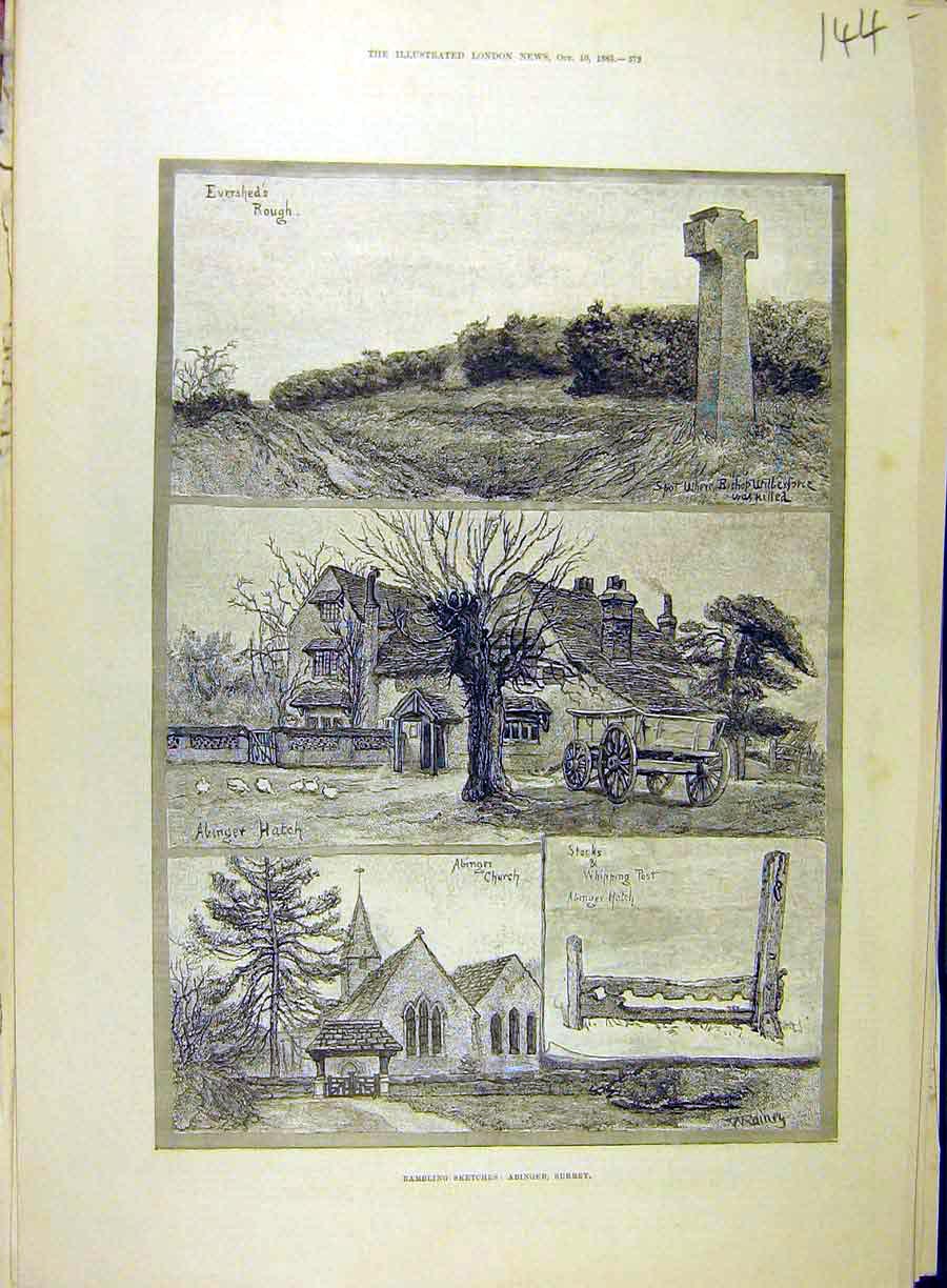 Original Old Antique Print 1885 Sketches Abinger Surrey Wilberforce Church Hatch