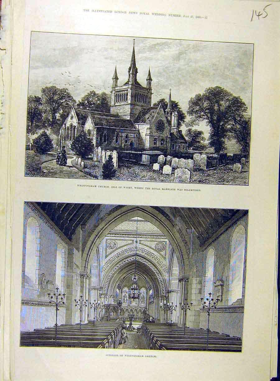 Original Old Antique Print 1885 Whippingham Church Isle-Wight Royal Marriage