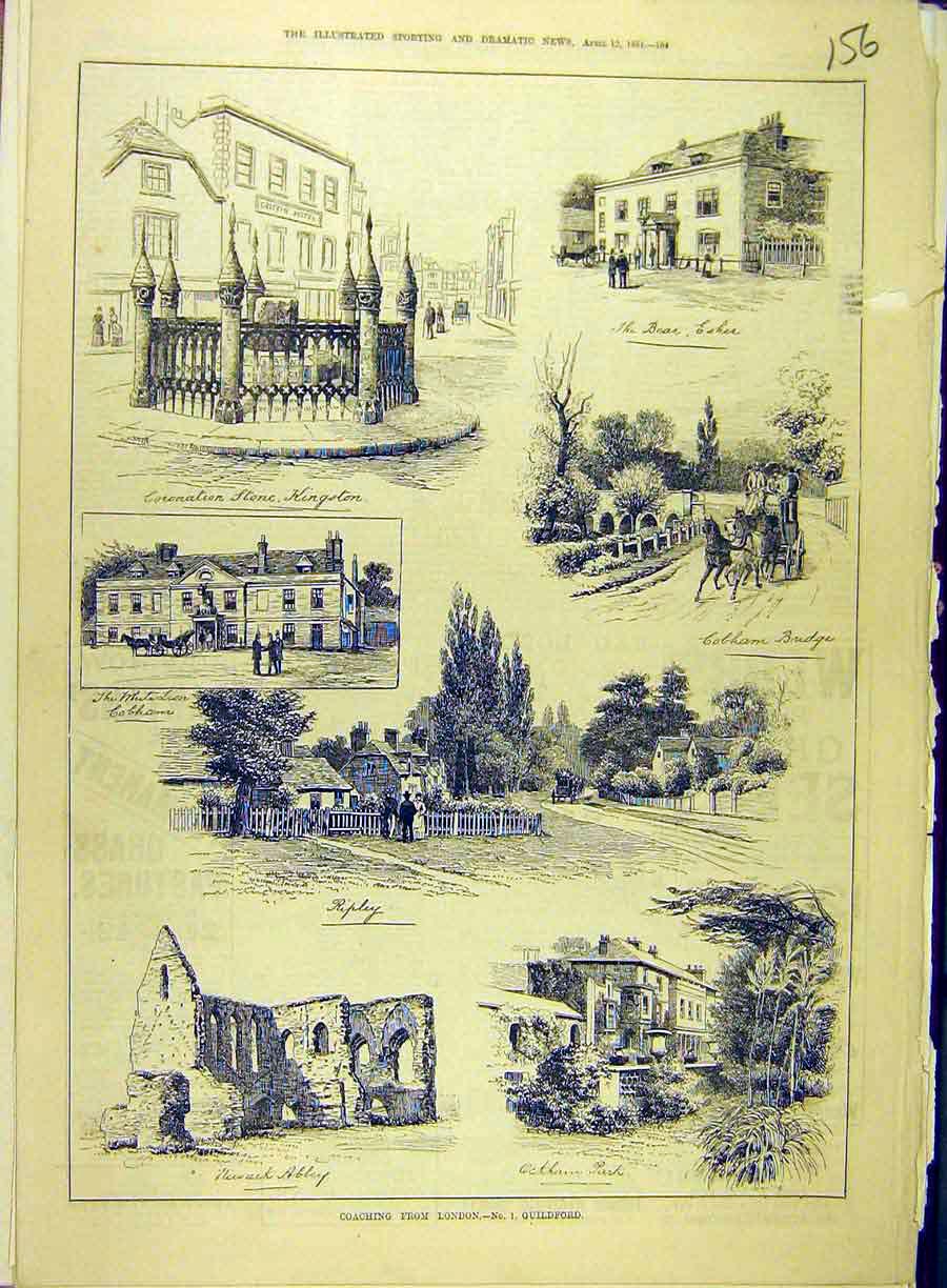 Original Old Antique Print 1884 Coaching London Guidlford Sketches Ripley Abbey