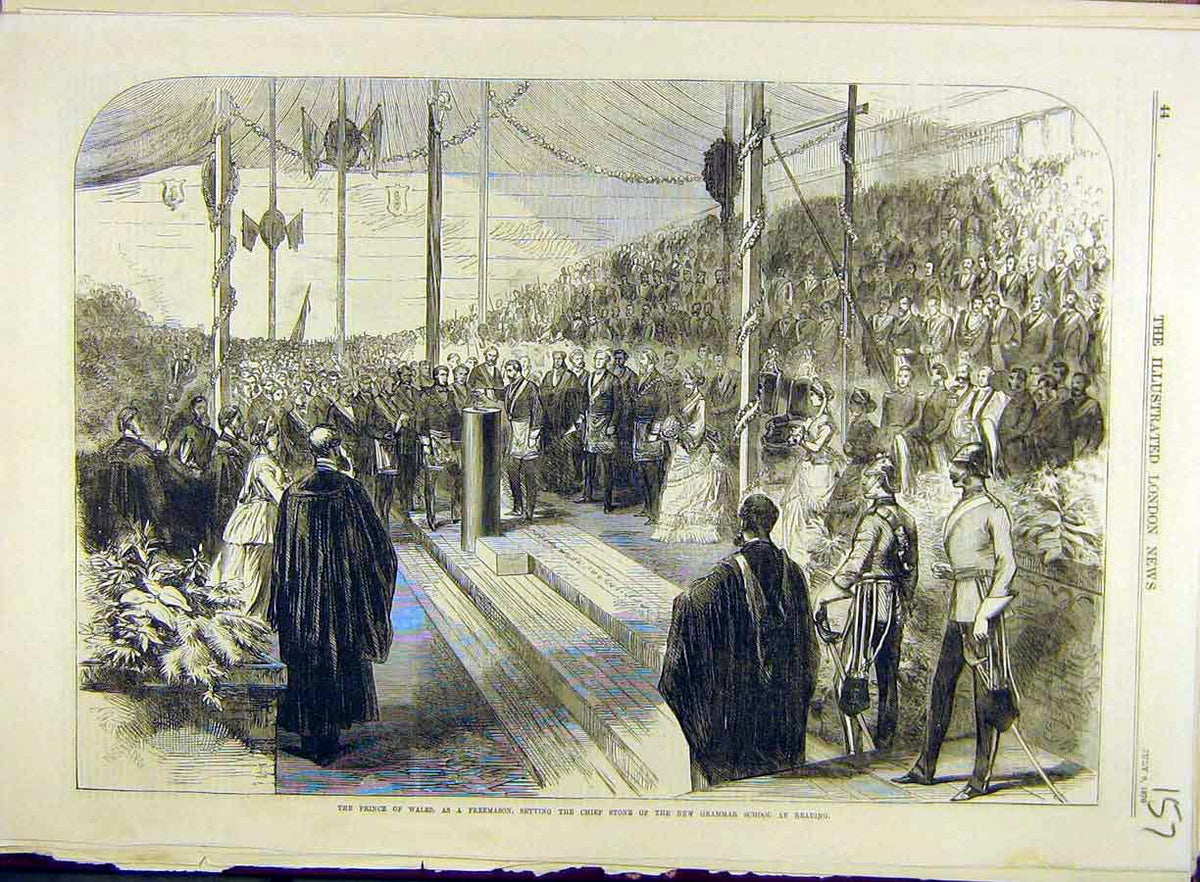 Original Old Antique Print 1870 Prince Wales Freemason Grammar School Reading