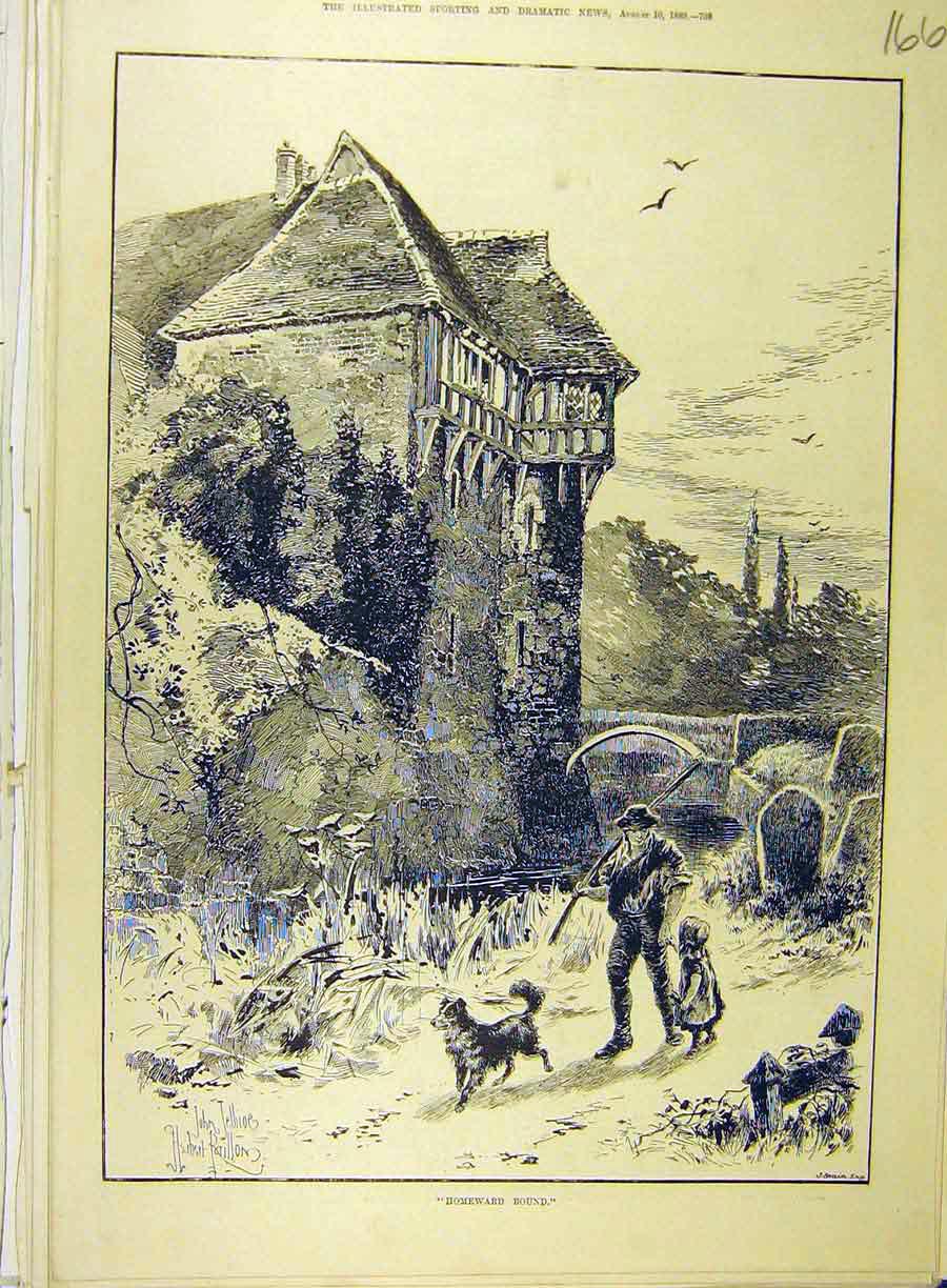 Original Old Antique Print 1889 Homeward-Bound Raillon Sketch Farmer Child Dog