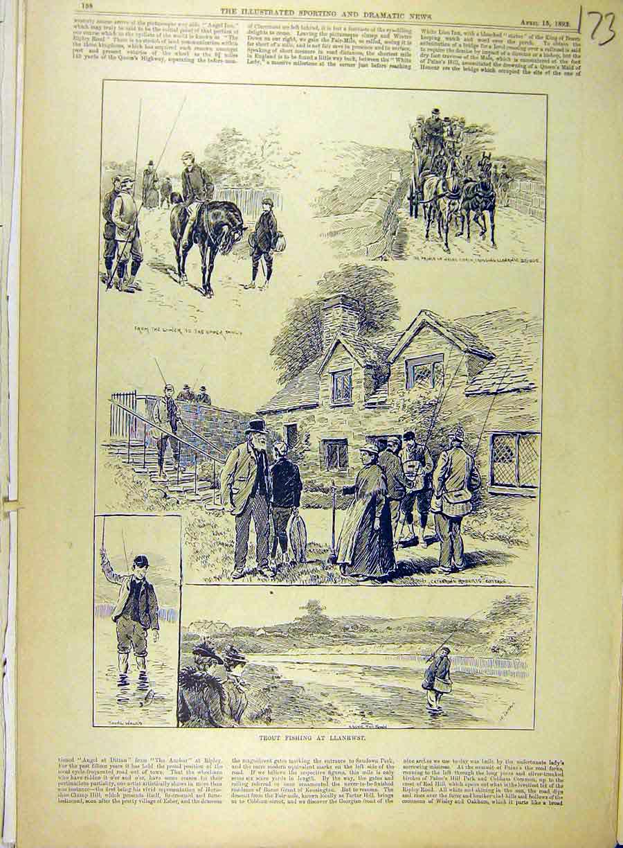 Original Old Antique Print 1893 Trout Fishing Llanrwst Sketches People Places