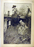 Original Old Antique Print 1893 Primroses Ladies Dog Country Sketch Robertson