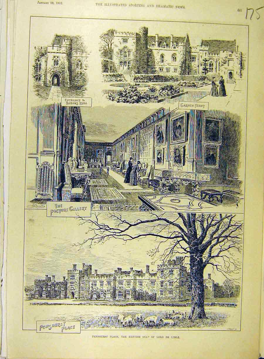 Original Old Antique Print 1893 Penshurst Place Kent De-L'Isle Building Sketches