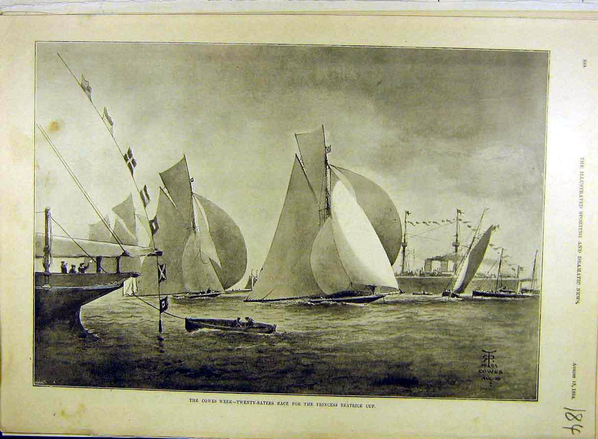 Original Old Antique Print 1894 Cowes Twenty-Raters Race Princess Beatrice Yacht