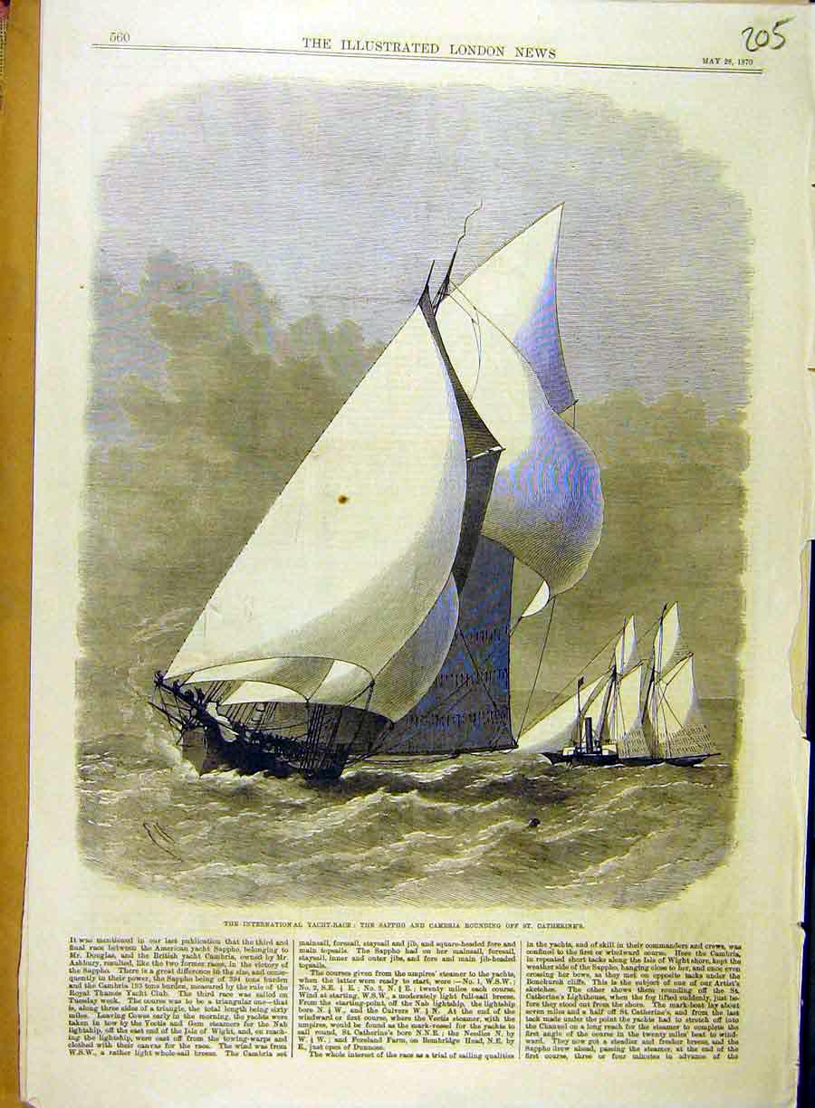Old Antique Print 1870 Yacht-Race Sappho Cambria St. Catherine'S Sailing 19th