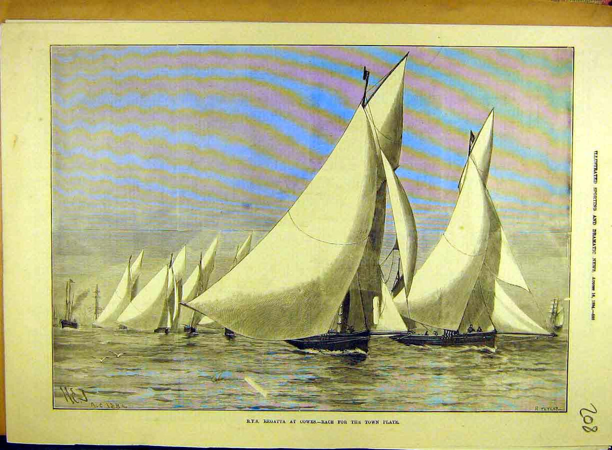 Old Antique Print 1884 Regatta Cowes Town-Plate Royal Yacht Club Sailing 19th
