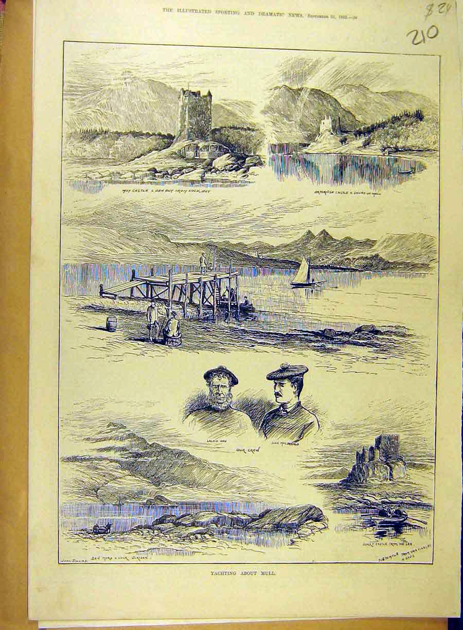 Original Old Antique Print 1882 Yachting Mull Scotland Yacht Artornish Castle
